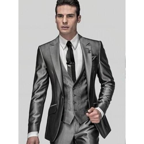 Slim Fits Shiny Gray Mens Work Busienss Suits Customize Groom Tuxedos Prom Party Dress (Jacket+Pants+Vest) NO:064