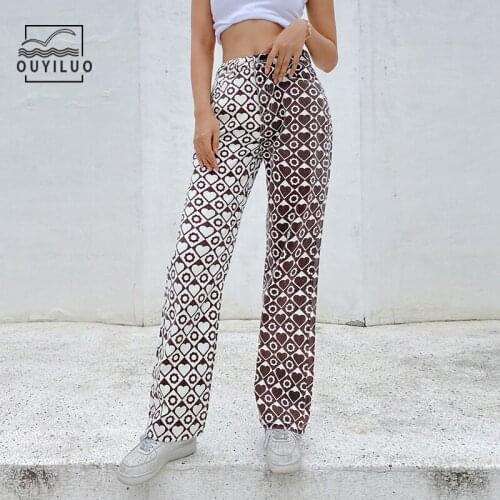 Straight Pants Cowgirl Floral Print Contrast Color Love Asymmetric High Waist Jeans Wild Hipster Slimming Women Casual Trousers
