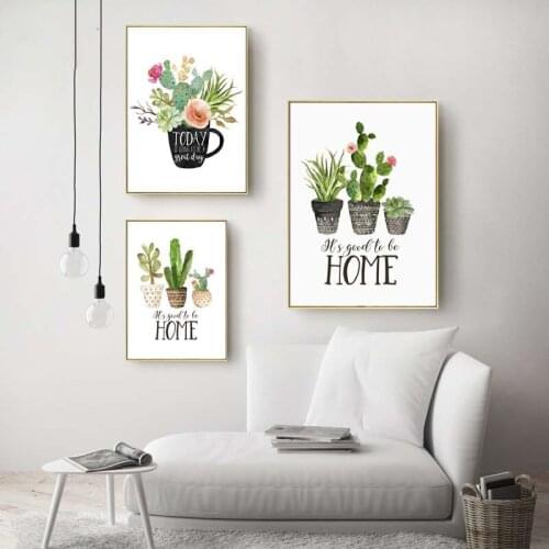 Botanical Cactus Print Home Sweet Home Sign Quote Wall Art Painting Kitchen Decor Tea Poster Nordic Wall Picture for Living Room