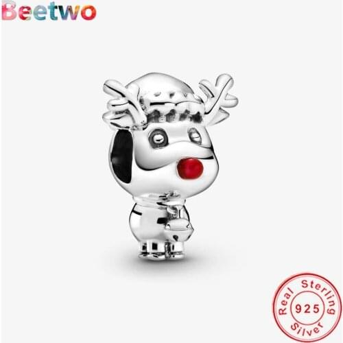 925 Sterling Silver Red Nose Reindeer Charm Beads Original Charms Bracelet Bead Women Fashion Jewelry Berloque