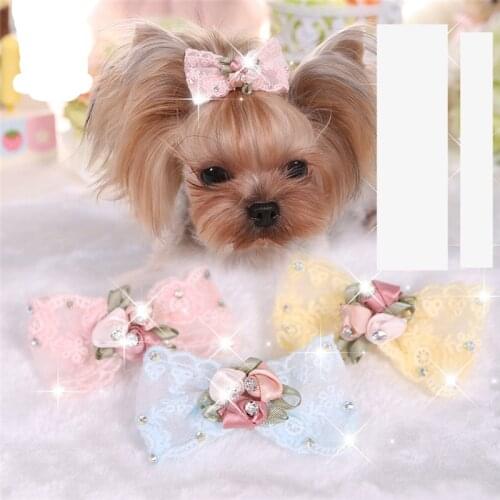 Pet Hair Bow Rhinestone Embroidery Lace Pet Dog Bows Pet Hair Bows Hair Clip Dog Bow Grooming Supplies