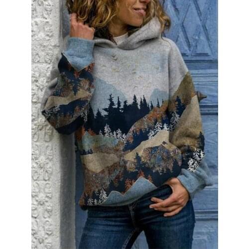 Plus Size Sweatshirt Hoodies Women Fashion Mountain Forest Printed Long Sleeve Loose Pullover Casual Sweatshirt Tops Moletom