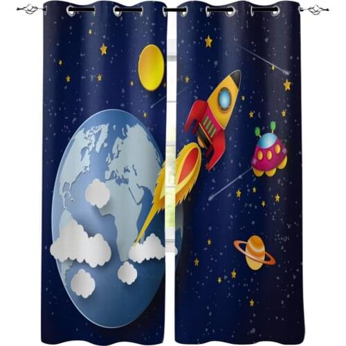 Universe Space Rocket Space Moon Planet Galaxy Window Curtain for Kids Room Bedroom Curtain for Girls Colorful cortinas