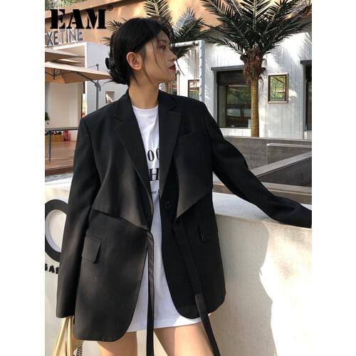 [EAM] Black Irregular Bandage Women Blazer New Lapel Long Sleeve Loose Fit Jacket Fashion Tide Spring Autumn 2021 1DD6460