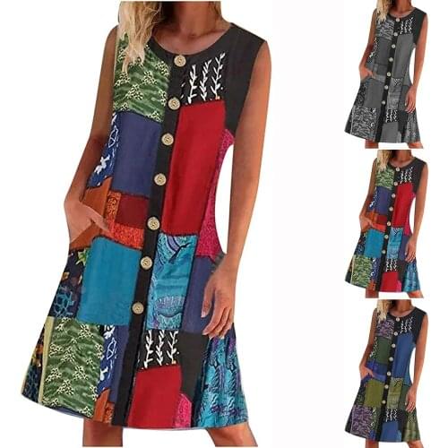 WomenS Dress New Summer Hot Style Simple Print O-Neck Sleeveless Pocket Knee-Length Dress Casual All-Match платье летнее 50