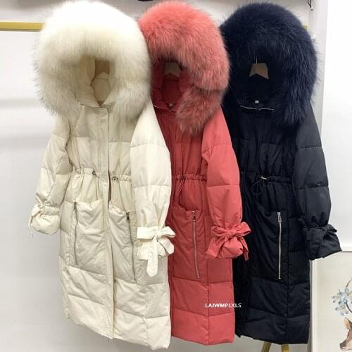 2020 Winter Large Real Raccoon Fur Collar Women Down Coat Hooded Thicken Warm Long Down Parkas Outwears White Duck Down Jackets