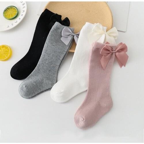 0-3 Years Old High Knee Long Soft Baby Socks Solid Color Cotton Socks Cute Back Bow Kids Socks New Toddlers Girl Stocking