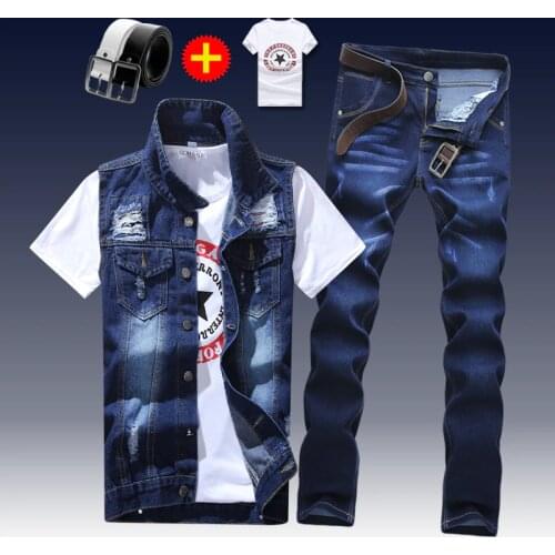 2019 New Thin Mens Vest Trousers 2pcs Set Denim Waistcoat Pencil Pants Casual Boys Slim Fit Single Breasted D90