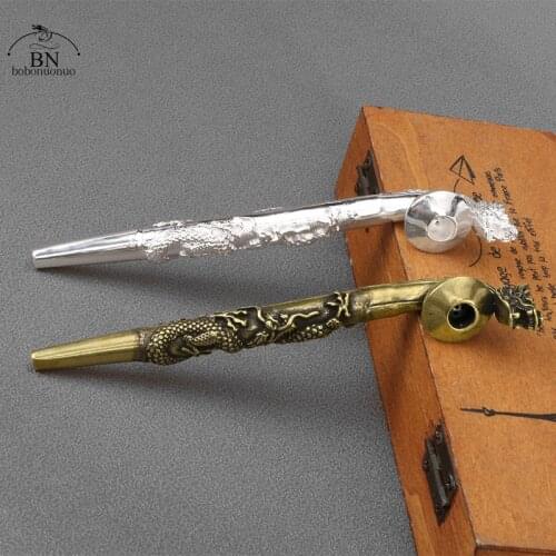 Antique Copper Long-Stemmed Dragon Carved Tobacco Pipe Ornament Vintage Handmade Metal Brass Smoking Cigarette Accessories Gifts