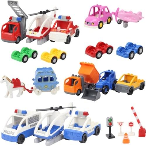 Big Building Blocks Car Trailer Ambulance Police Transport Diy Assemble Accessories Compatible Duplos Bricks Toys Children Gifts