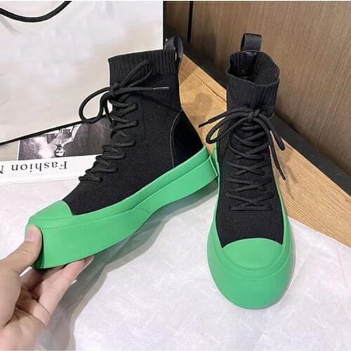 Mixed Color thicken soled weaving stretch boots women ins creepers chelsea botas high-top shoes lace up knitted sock bottes 2021