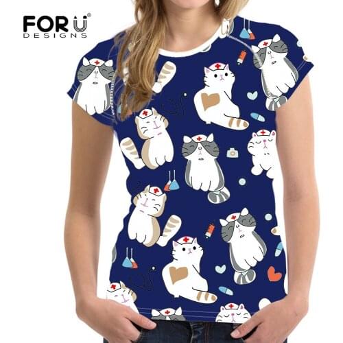 FORUDESIGNS Womens T-shirt Summer Casual Soft Tops Tees Teens Girls Kawaii Cat Tshirts Female O-Neck Clothing Blusa femenina