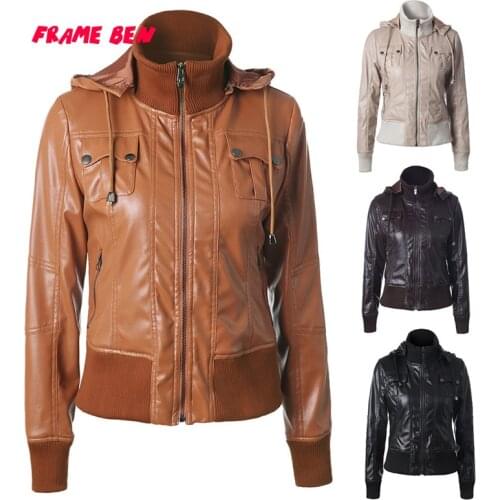FRAME BEN Faux Leather Jacket Women Motorbike PU Jacket Coats 2019 Autumn Outerwear Hooded Zipper Waterproof Coat