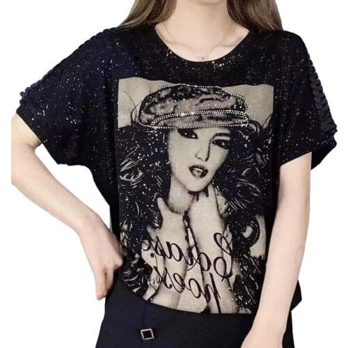 Black Star Cotton Bat Sleeve T Shirt Women Summer Clothes New O Neck Beauty Lady Print Diamond Hat High Quality Sexy Tees Tops