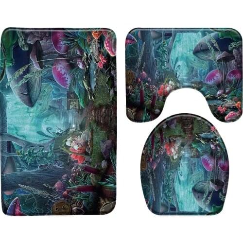 Comic Fantasy Forest Landscape Bath Mat 3-Piece Set Bathroom Rugs Carpet Anti-Slip Mats Toilet Bathtub Decor Bathroom Products