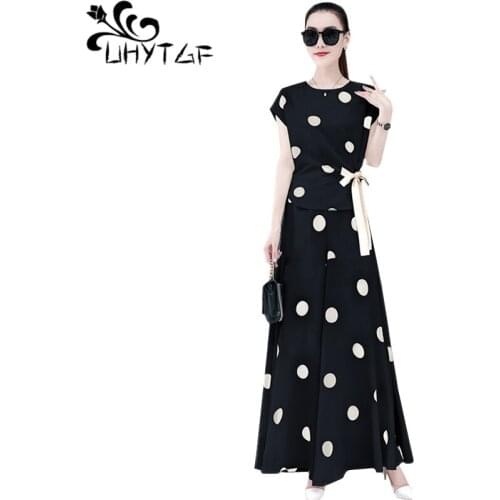 UHYTGF two peice set for women 2020 fashion chiffon summer sets women polka dot split wide legs skirt pants thin 2 piece set 946