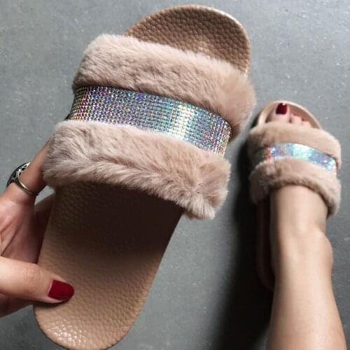 Summer Girls Sexy Plush Shinning Slippers House Indoor Cute Furry Sandals Women Brightly Sparkling Slides Beach Flip Flops Hot