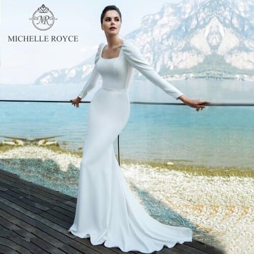 Michelle Royce Mermaid Wedding Dresses 2020 Square Collar Long Sleeve French Lace Up Elegant Wedding Dresses Vestido De Novia