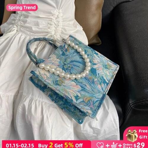 Fashion Women Top Handle Shoulder Bag Retro Pearl Chain Ladies Casual Tote Bag Large Capacity Female Flower Purse Handbags Bolso