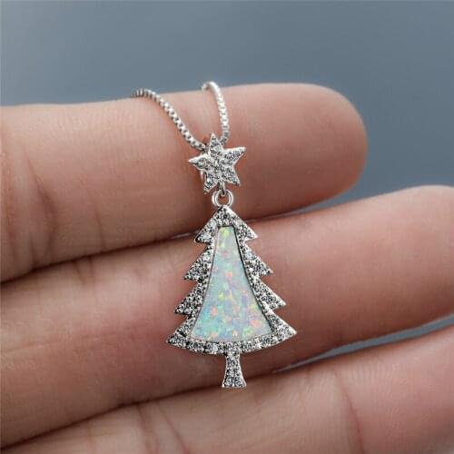 Fashion Silver Color Chain Necklace Cute Star Christmas Tree Pendant Necklace White Blue Opal Stone Necklaces For Women Jewelry