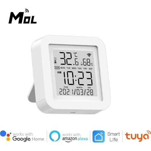 MOL WIFI Temperature Humidity Sensor Tuya Smart Digital Thermometer Hygrometer Time Date LCD Screen Detector Smart Desk Clock