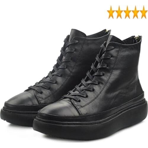 Up Men Vintage Lace British Black Platform Height Increasing Ankle Boots Brand Work Safety High Top Shoes Man 38-44