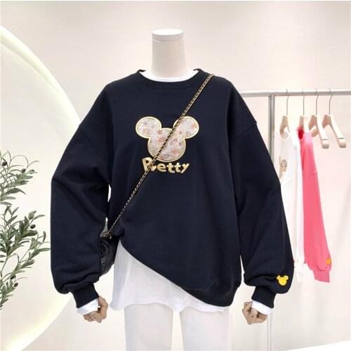 Korea-style 2021 New Autumn Embroidery Cartoon Women Pullovers Sweatshirt Top Casual Long Sleeve Terry Cotton Oversize Hoodies