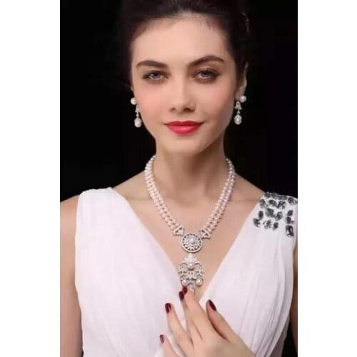 One set 2rowsfreshwater pearl white round 8-9mm zircon pendant necklace earrings wholesale for women xmas gift