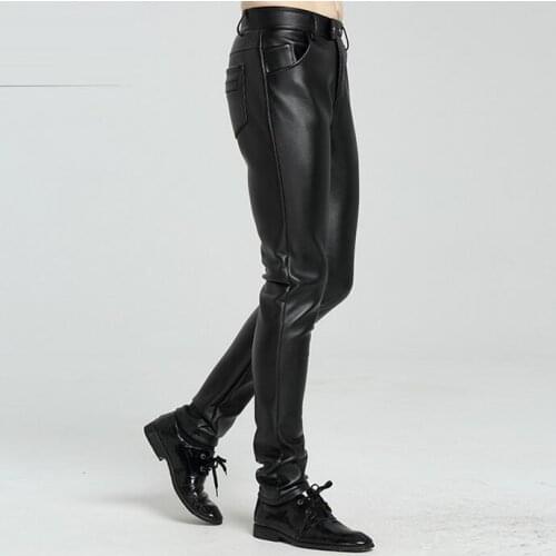 Teenage plus velvet thicken mens leather trousers patchwork slim personality motorcycle faux leather pants mens autumn winter