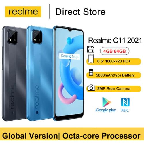 Realme C11 2021 Smartphone 2GB 32GB 6.5” Mini-Drop Fullscreen 5MP Front Camera 5000mAh 10W Fast charging 4G Cellphone NFC