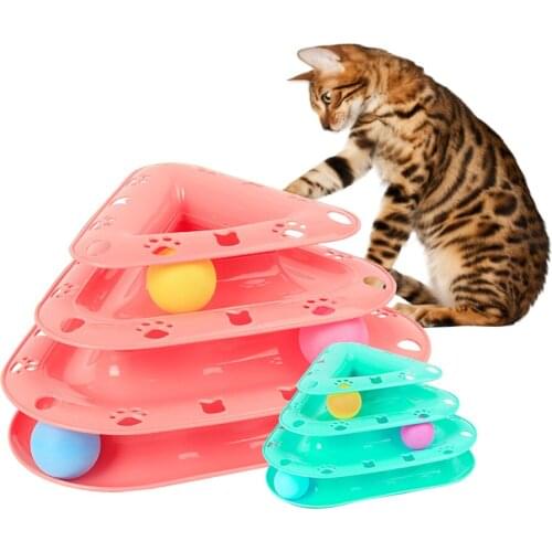 Triangle Three Levels Cat Toys Interactive Ball Towers Cat Intelligence Play Tracks Disc Toy For Cats Tower Ball Training Plate