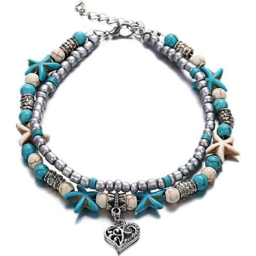 Bijoux Female Heart Anklets Barefoot Crochet Sandals Foot Jewelry Resin Bead Stars Ankle Bracelets On Leg For Women Leg Chain