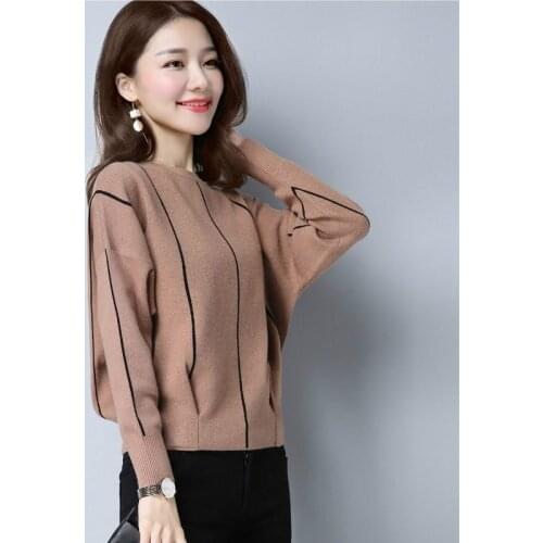 Womens Spring and Autumn New Korean Style Bat Shirt Short round Neck Long-Sleeved Pullover Loose Sweater Fashion