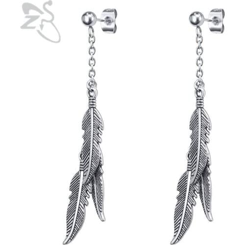 ZS 1 Pair Stainless Steel Dangle Earrings Long Tassel Feather Earrings Vintage Hanging Earring for Women boucle d'oreille femme