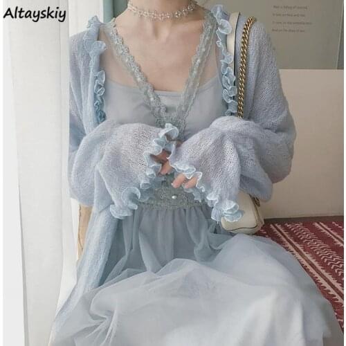 Cardigan Women Long Sleeve Sweet Solid Color Knitting Clothing Ruffles Girls Fairy Sun-proof All-match Retro Maiden Thin Trendy