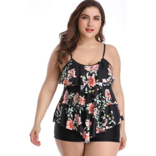 2021 Two Piece Swimwear Women Plus Size Tankini Swimsuits with Shorts Floral Print Beach Swim Wear Set Black Bathing Suit 3XL