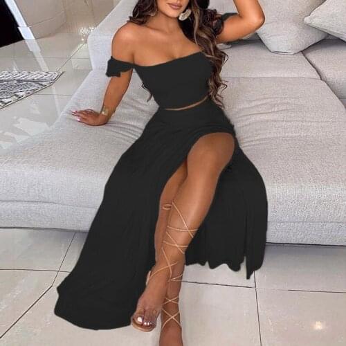 Spring Summer Hollow Out 2pcs Set Women Casual Skirts Suit New Off Shoulder Crop Top Bloues and Slit Party Skirt Outfits