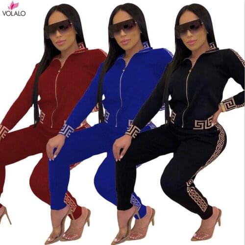 2021 Tracksuits Women Elegant Two-Pieces Suit Sets Female Stylish Plus Size Greek Fret Print Coat & Pant Zip Sets Joggers Women