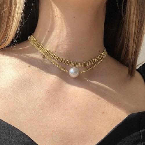 GSOLD Geometric Double-Layer Mesh Chain Half Rhinestone Half Chain Simulation Pearl Necklace Women Short Clavicle Chain Fashion