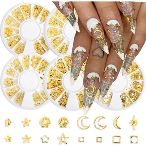 1 Box Gold Nail Rivets Stud Metal Mixed Shell Geometry Moon Star DIY Tips Nail Art Decorations Manicure Jewelry Accessories