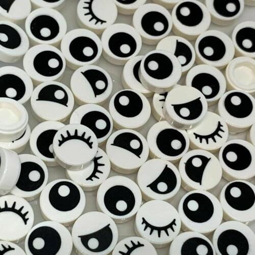 100pcs White Round 1x1 Tile Eye with Eyelash Pupile Blocks Eye Pattern Printed MOC Bricks Bulk Model Toys Compatible with 98138