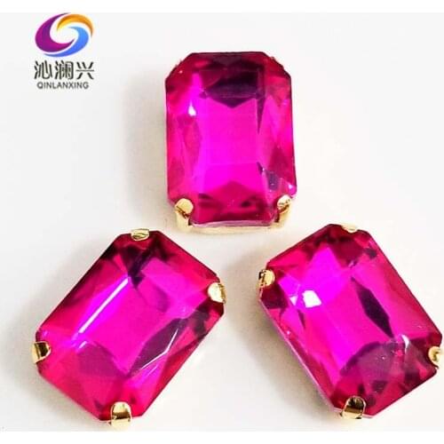 Free shipping Rose red Rectangle shape Glass Crystal sew on stones,golden bottom claw rhinstone,Diy/Clothing accessories SWCG08