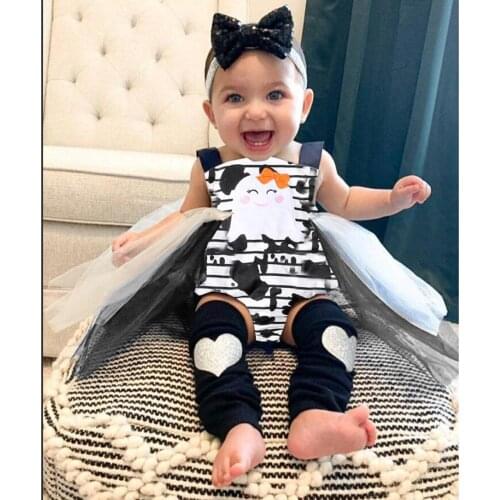 Halloween Breathable Baby Girls Romper, Toddlers Sweet Style Stripe Cartoon Sleeveless Mesh Skirt Splicing Suspender Jumpsuit