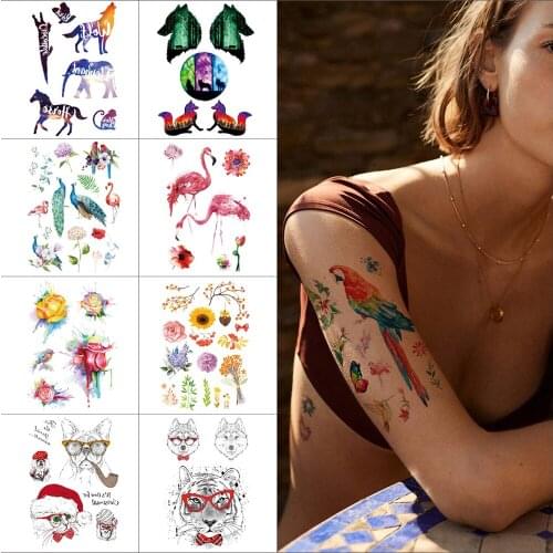 Flamingo temporary tattoo sticker Peacock magpie Body Small tattoo Flower Wolf Tiger Little fresh arm Waterproof tattoo