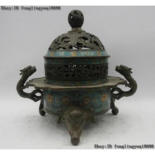 China Pure Bronze Copper Cloisonne Elephant Dragon Lug Bat Incense Burner Censer