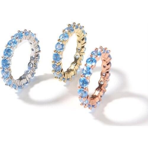 AITIEI Fashion Jewelry 4mm Blue CZ Rings For Women AAA Iced Out Round Cubic Zirconia Ring Hip Hop Accessories For Drop Shipping