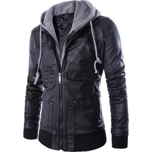 Mens PU Leather Jackets Zipper Pocket Hooded Jacket Faux Leather Coat Casual Slim Fake Two Pieces Mens Motorcycle Jackets