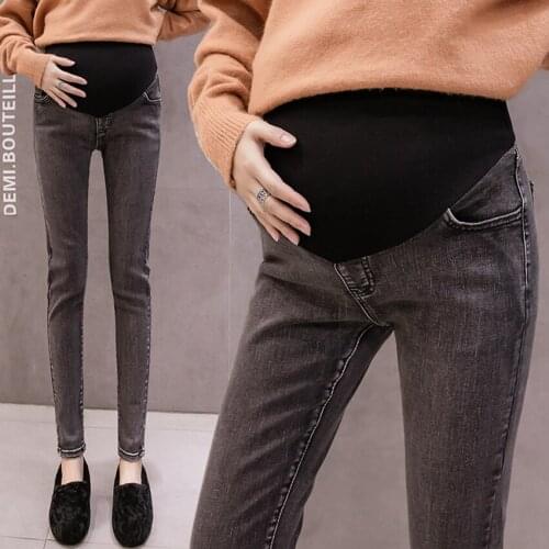 New Maternity Jeans Spring High Waist Slim Fit Thin Pregnant Wild Black Gray Skinny Feet Supporting Pants