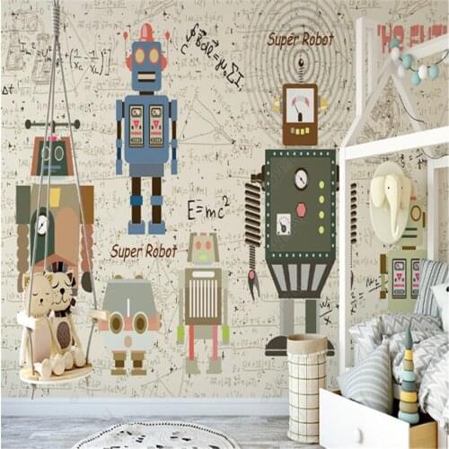 Original Hand-painted Nordic Wallpaper for Kids Room Cartoon Robot Boy Childrens Room Background Wall Paper Home Decor Murals