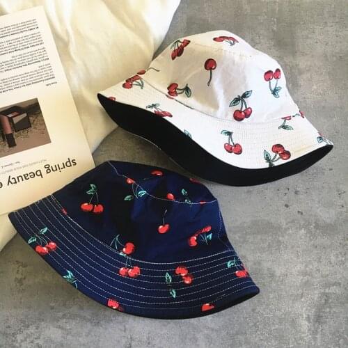 Fruit Cherry Bucket Hats For Girls Women Two Side Reversible Fisherman Hat Panama Bob Hat Summer Sun Hat